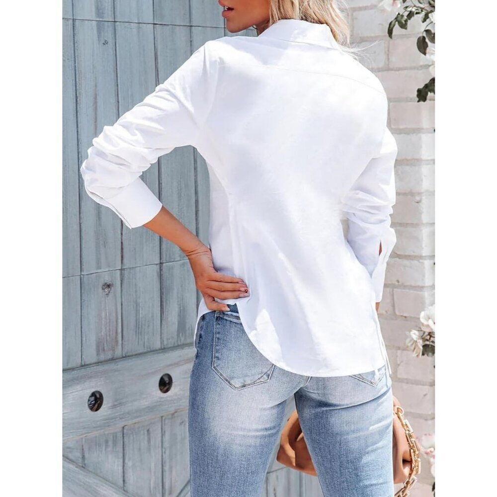 Women's Button Down Long Sleeve Wrinkle Free Collared Solid Blouses Dress Shirt - Picture 2 of 5